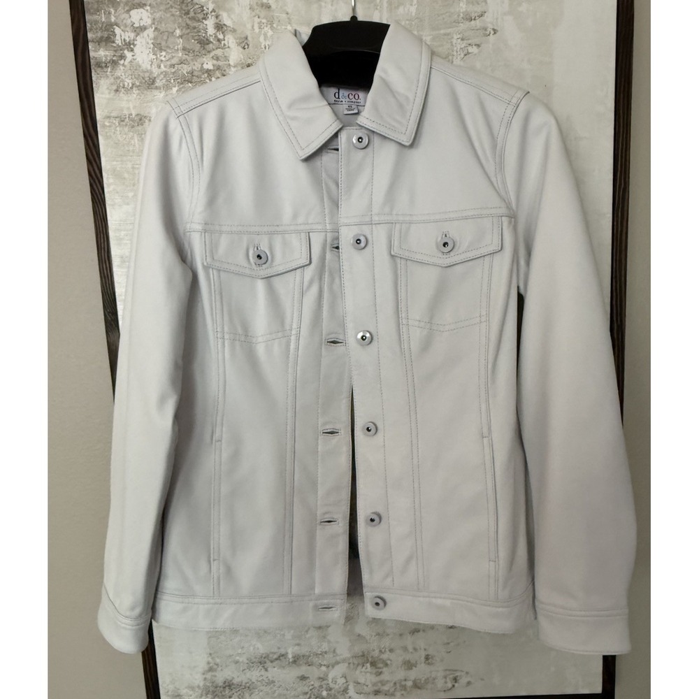 D & Co Denim & Co Womens White Leather Trucker Jacket Pockets Buttons Size XS
